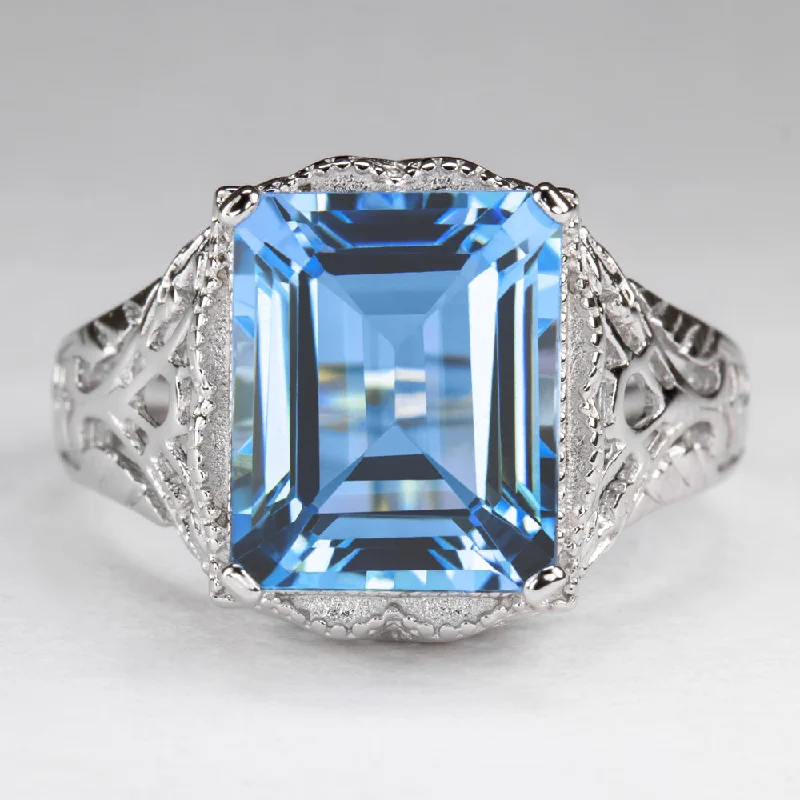 women’s trendy rings -LONDON BLUE TOPAZ STERLING SILVER VINTAGE STYLE RING ART DECO EMERALD SHAPE CUT