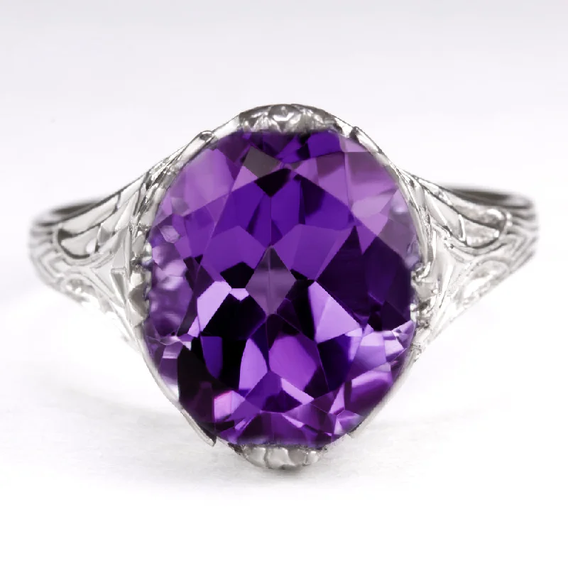 women’s fashion gemstone rings -AMETHYST VINTAGE STYLE RING STERLING SILVER ART DECO OVAL CUT FILIGREE PURPLE