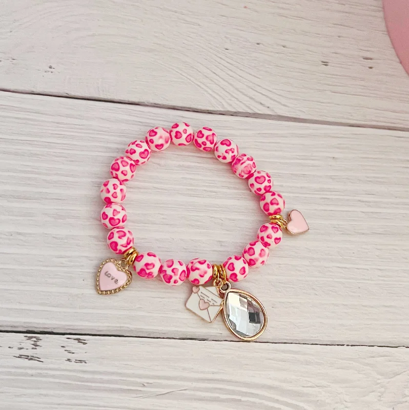 simple bracelets for women -Pink Heart Leopard Bracelet