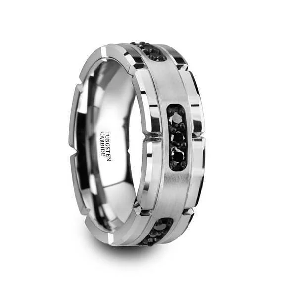 women’s stackable rings -Genuine Black Diamonds Silver Tungsten Wedding Ring Multiple Black Diamonds - 8mm