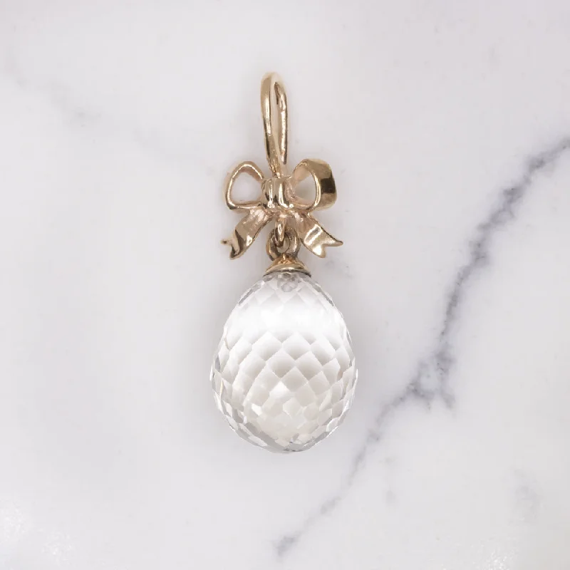 women’s stacked gemstone rings -QUARTZ BRIOLETTE PENDANT 14k ROSE GOLD BOW TEARDROP WHITE CLEAR DROP NECKLACE