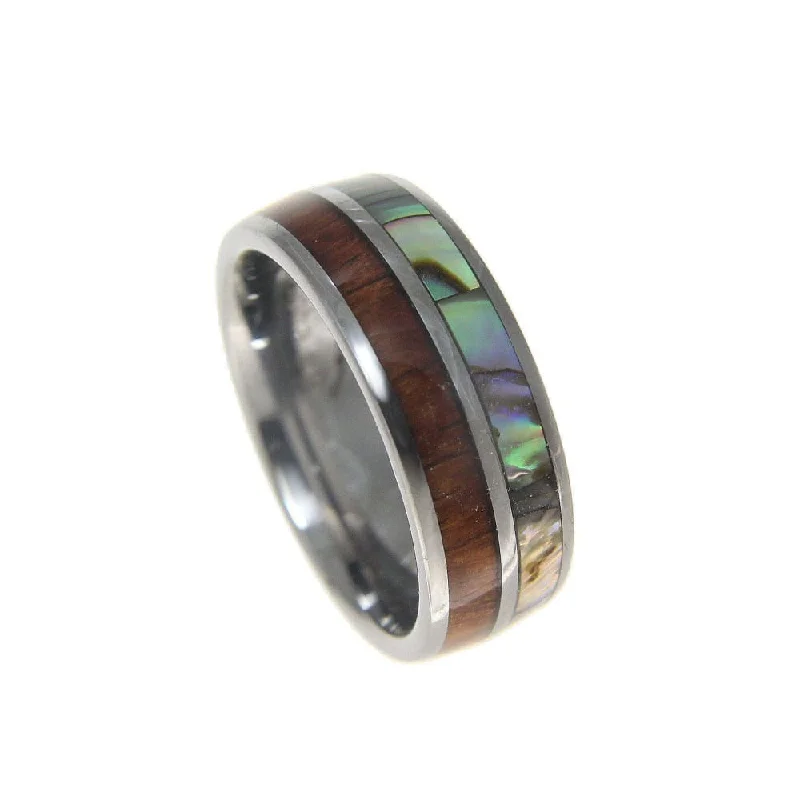 elegant rings for women -Mens Tungsten Wedding Band Abalone Hawaiian Koa Wood Comfort Fit Ring - 8mm