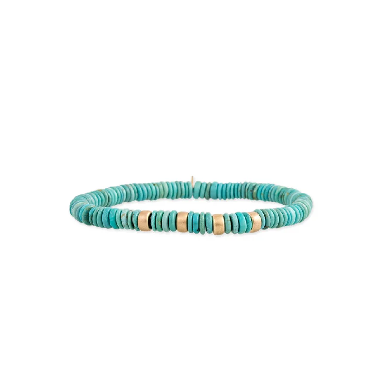 women’s matching bangles -4 SPACED OUT GOLD BEADS + TURQUOISE BEADED STRETCH BRACELET