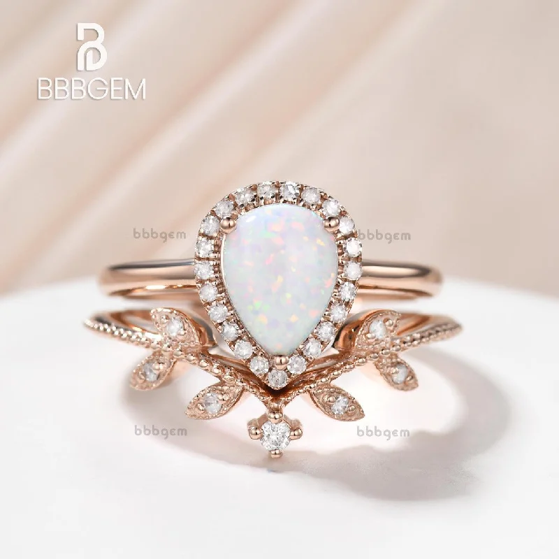 women’s ruby rings -Vintgae 14K/18K Gold Pear Opal Rose Gold Wedding Set Halo leaf Band