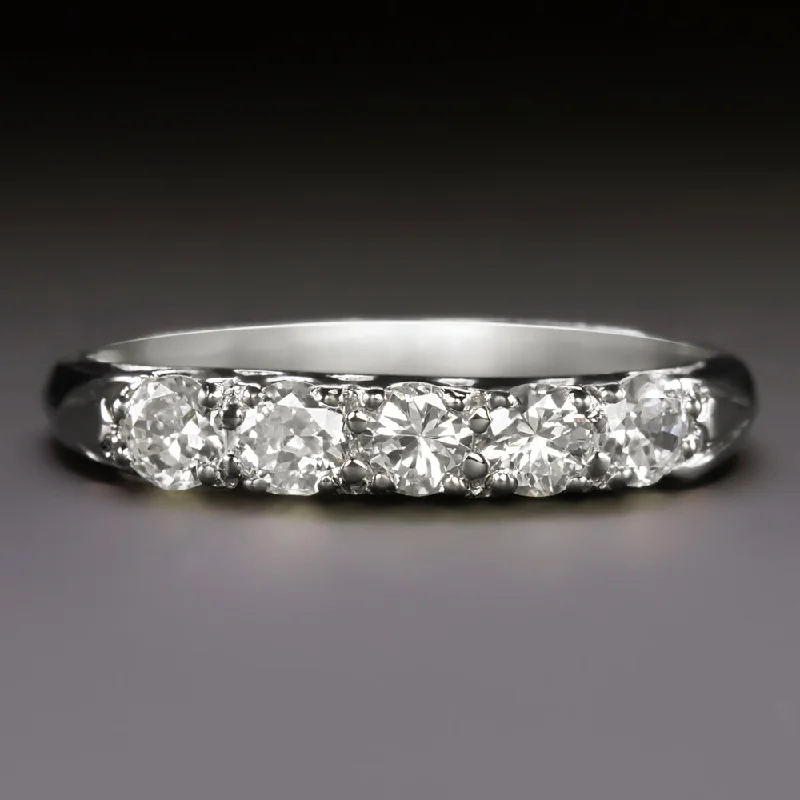 diamond rings for women -VINTAGE DIAMOND WEDDING RING PLATINUM STACKING BAND 0.50ct 5 STONE ROUND CUT