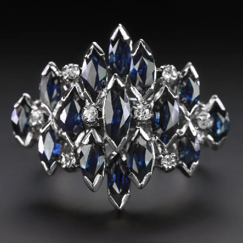 wedding rings with diamonds -VINTAGE SAPPHIRE DIAMOND COCKTAIL RING 3ct CLUSTER STATEMENT NATURAL WHITE GOLD