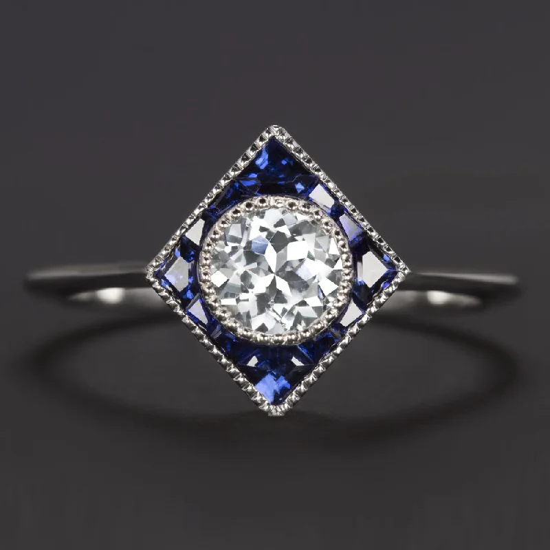 wedding rings for women -AQUAMARINE SAPPHIRE COCKTAIL RING HALO 14k WHITE GOLD VINTAGE STYLE ART DECO