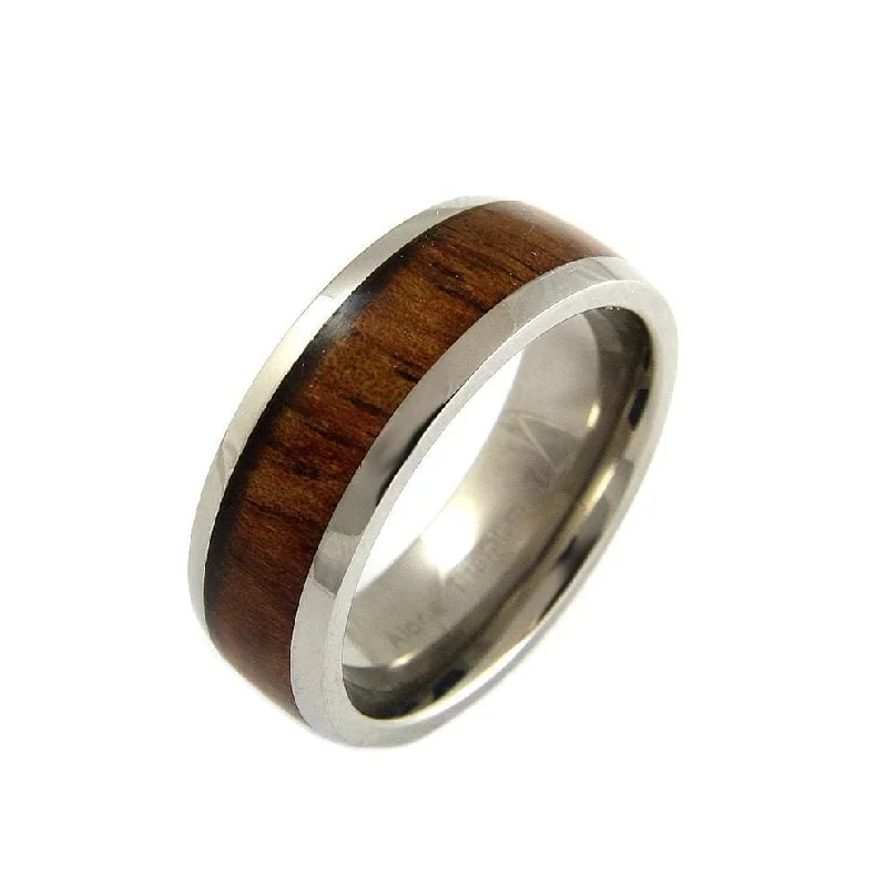 gold rings for women -Mens Titanium Band Genuine Inlay Hawaiian Koa Wood Comfort Fit Ring - 8mm