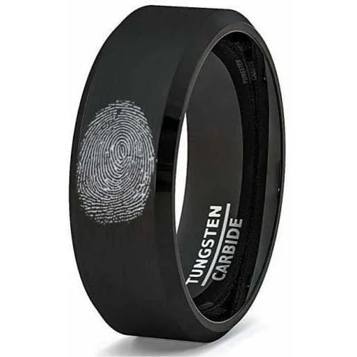 women’s statement rings -Mens Tungsten Band Classic Black Brushed Beveled Edge Finger Print Laser Engraved- 8mm