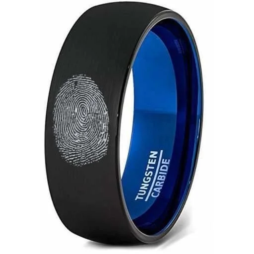 women’s diamond cocktail rings -Finger Print Laser Engraved Two-Tone Black Tungsten Ring Brushed Finish - 8mm