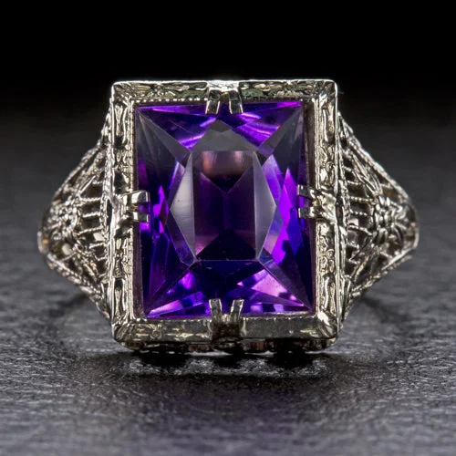 women’s simple rings -VINTAGE AMETHYST FILIGREE RING 14K WHITE GOLD SOLITAIRE ART DECO PURPLE ESTATE