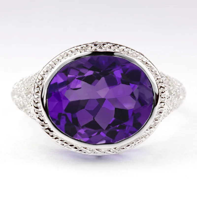 women’s custom rings with initials -AMETHYST STERLING SILVER RING VINTAGE STYLE EAST WEST OVAL FILIGREE GEM PURPLE