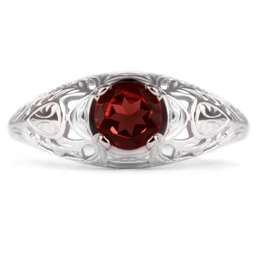 women’s sapphire rings -GARNET STERLING SILVER VINTAGE STYLE SOLITAIRE RING FLORAL NATURAL RED ROUND