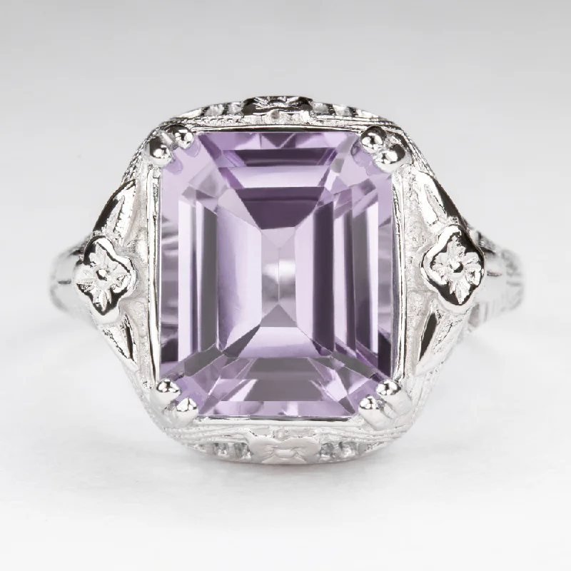 classic engagement rings for women -PINK AMETHYST STERLING SILVER VINTAGE STYLE RING ART DECO EMERALD CUT FILIGREE