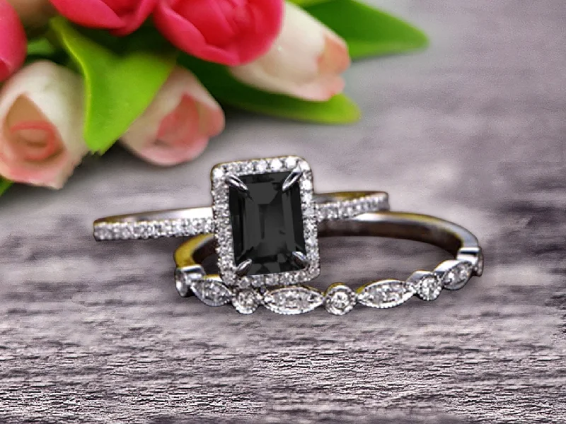 women’s delicate engagement rings -1.75 carat Classic Emerald Cut 10k White Gold Art Deco Milgrain Bridal Black Diamond Moissanite Wedding Diamond Ring Set