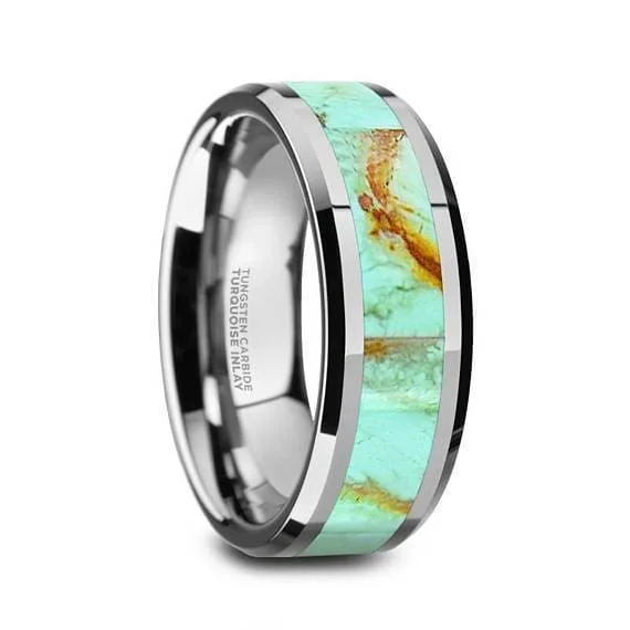 women’s sapphire rings -Aldin Wedding Tungsten Ring Light Blue Turquoise Stone Inlay Beveled Polished Finish - 8mm