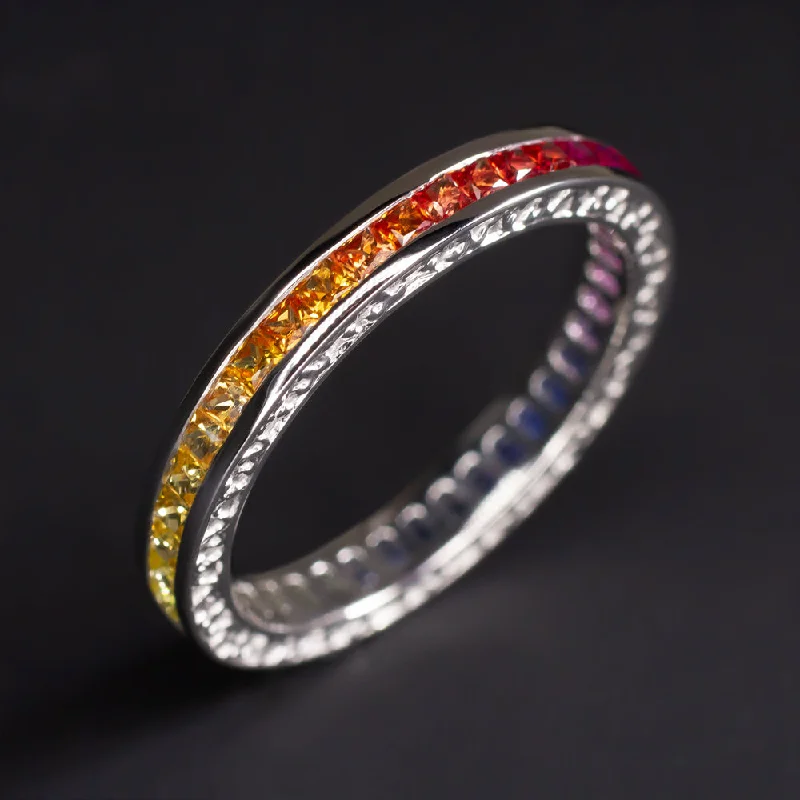 vintage rings for women -NATURAL FRENCH CUT RAINBOW SAPPHIRE ETERNITY RING WEDDING BAND ART DECO STYLE