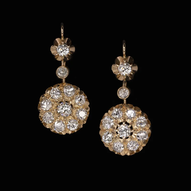 women’s silver engagement rings -VICTORIAN DIAMOND DANGLE EARRINGS 4ct ANTIQUE OLD MINE CUT 18k GOLD CLUSTER DROP