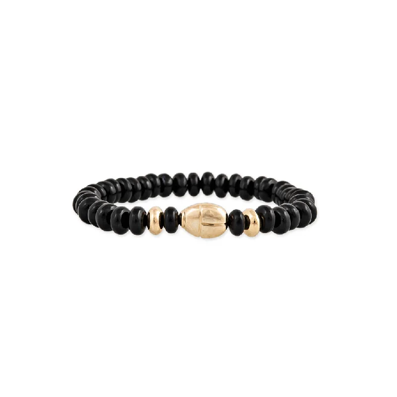 stackable bracelets for women -SCARAB + GOLD AND ONYX BEADED STRETCH BRACELET