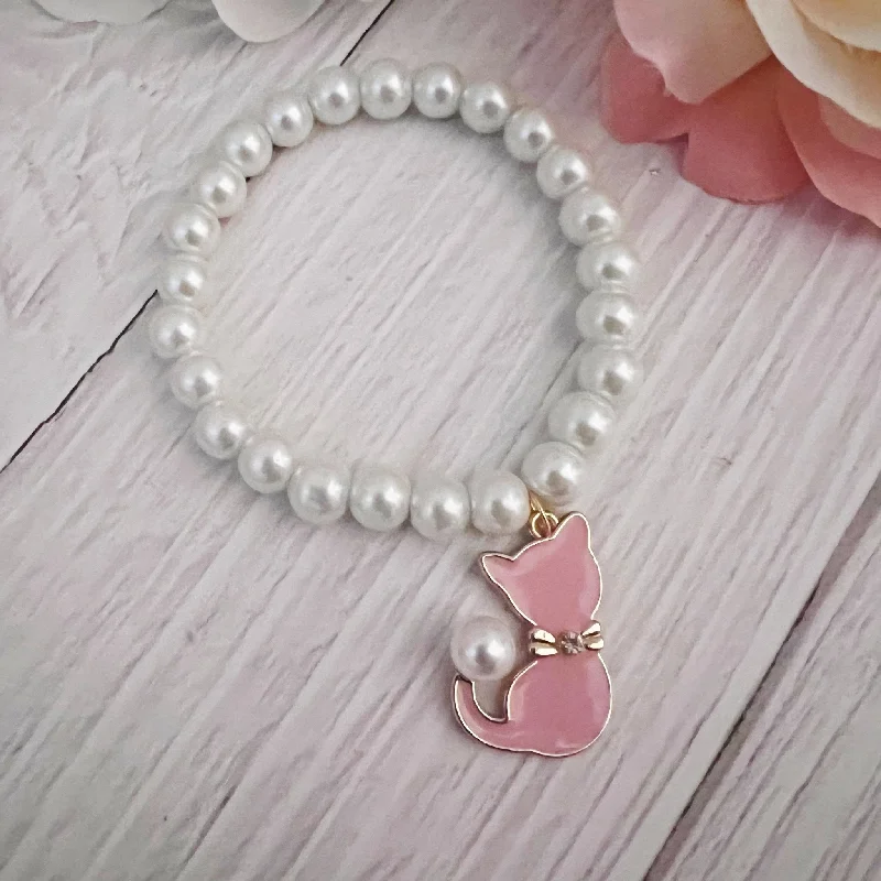 adjustable bangles for women -Pink Cat Pearl Stretch bracelet