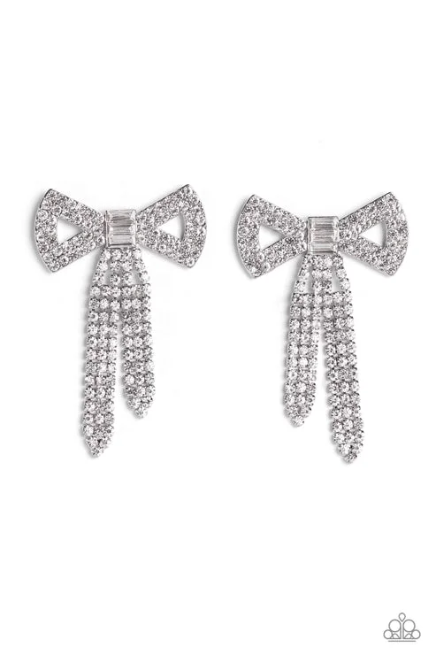 women’s crystal stud earrings -Just BOW With It White Post Earring