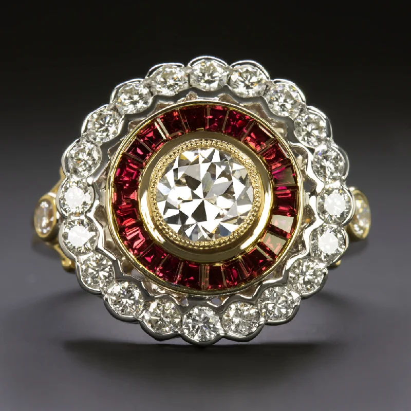 women’s stacked gemstone rings -DIAMOND RUBY COCKTAIL RING DOUBLE SCALLOPED HALO TARGET 14k YELLOW GOLD NATURAL