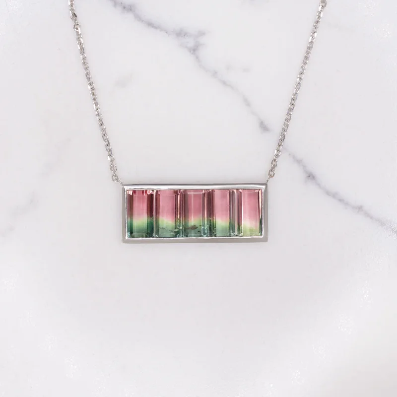 diamond rings for women -NATURAL WATERMELON TOURMALINE BAR NECKLACE WHITE GOLD PENDANT EAST WEST MOUNTAIN