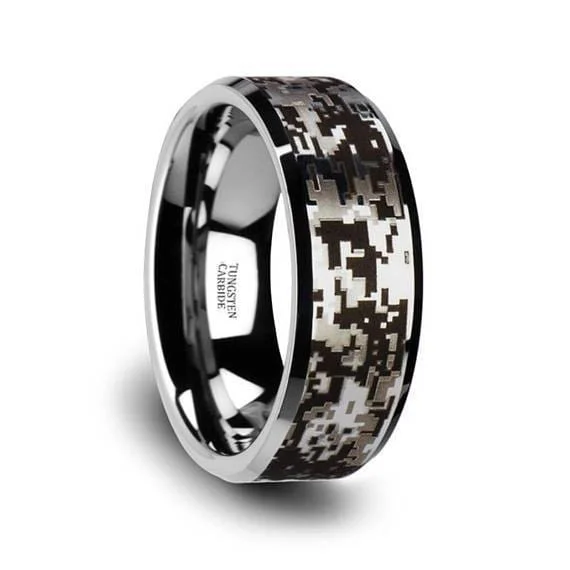 women’s crystal rings -Digital Camouflage Silver Tungsten Wedding Ring Beveled Polished Finish - 8mm