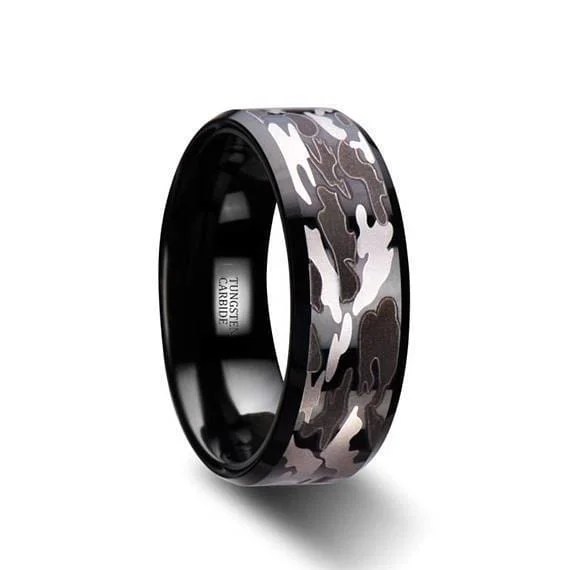 women’s pink diamond rings -Polished Finish Beveled Tungsten Wedding Ring Black and Gray Camo - 8mm