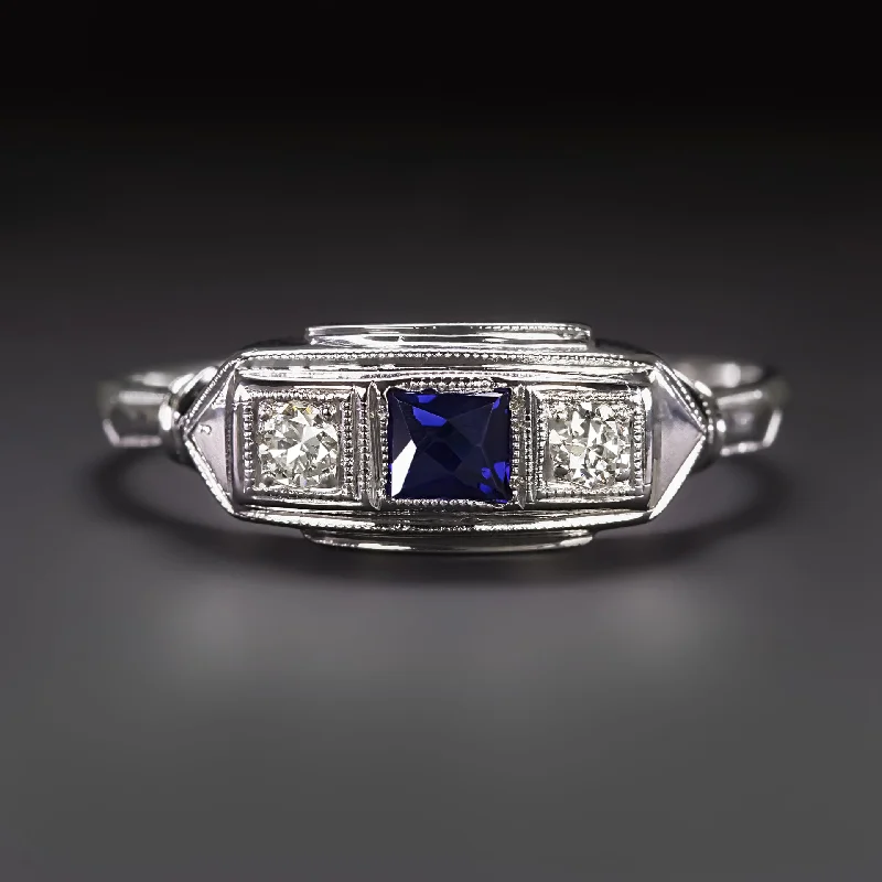 elegant rings for women -VINTAGE SAPPHIRE DIAMOND COCKTAIL RING FRENCH CUT 14k WHITE GOLD 3 STONE ESTATE