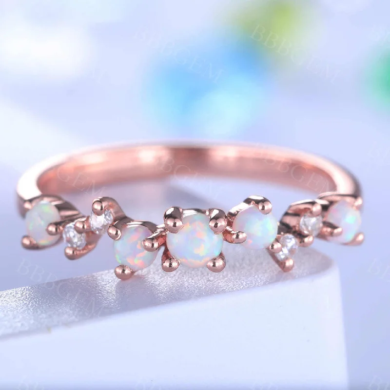 women’s antique-inspired engagement rings -Unique Opal Wedding Band Rose Gold Diamond Ring For Women Stacking Matching Band Promise Bridal Anniversary Gift