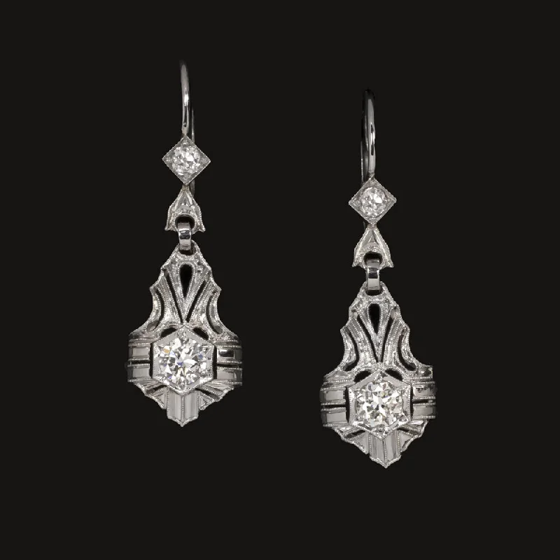 women’s multi-stone rings -0.88ct ART DECO VINTAGE DIAMOND DANGLE EARRINGS 18k WHITE GOLD OLD EUROPEAN CUT