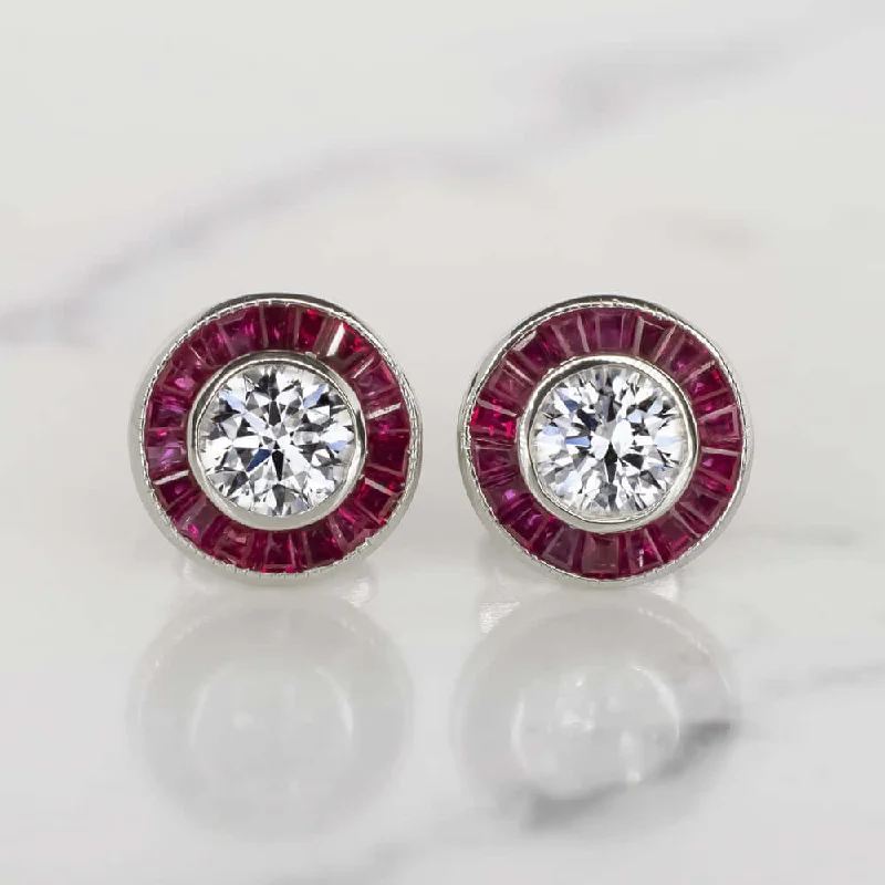 women’s simple rings -ART DECO STYLE E-F SI2 DIAMOND RUBY STUD EARRINGS ROUND CUT CALIBRE HALO TARGET