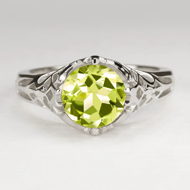 women’s twisted rings -PERIDOT STERLING SILVER RING VINTAGE STYLE SOLITAIRE ART DECO FILIGREE GREEN