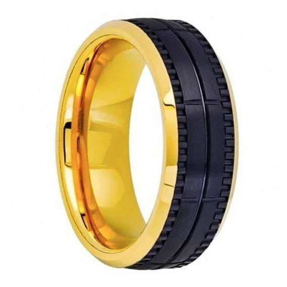 silver rings for women -Two-Tone Tungsten Ring Yellow Gold Plated & Black Outside Brushed Grooved - 8mm