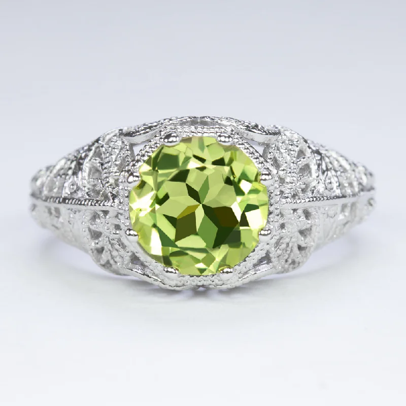 women’s custom birthstone rings -PERIDOT VINTAGE STYLE SOLITAIRE RING STERLING SILVER FILIGREE ART DECO ROUND CUT