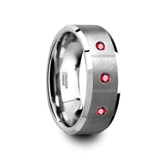 women’s elegant diamond rings -Tungsten Wedding Band Brushed Beveled Edges with 3 Red Ruby Diamond Settings - 8mm