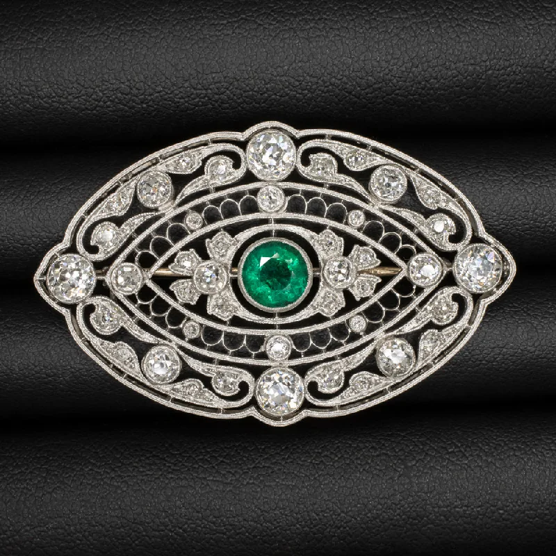 rose gold rings for women -ART DECO EMERALD DIAMOND PIN PENDANT OLD CUT PLATINUM VINTAGE FILIGREE NECKLACE