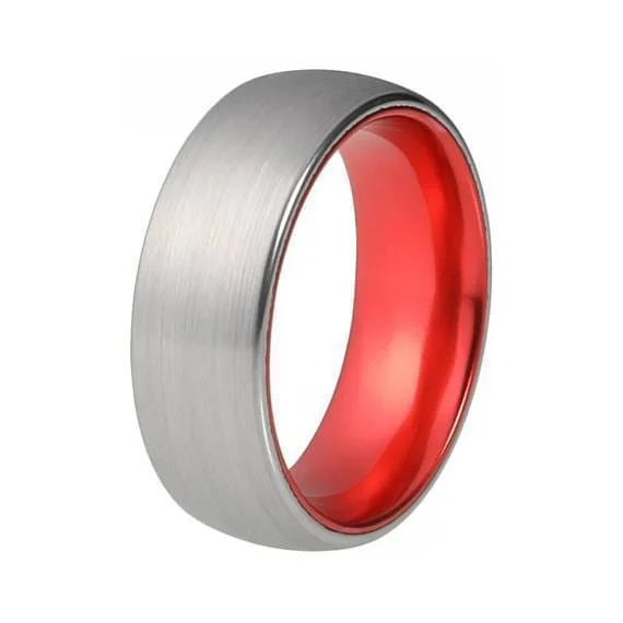 wedding rings for women -Mens Fire Red Tungsten Wedding Ring Silver Brushed - 8mm