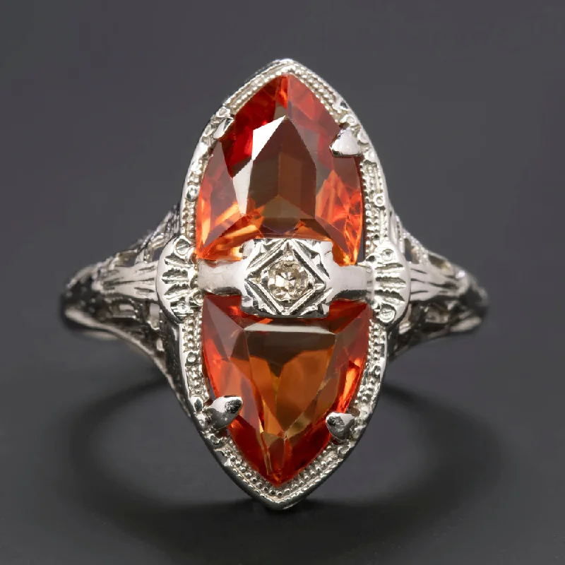 women’s multi-stone rings -VINTAGE DIAMOND ORANGE COCKTAIL GEMSTONE RING 14k WHITE GOLD FILIGREE SHIELD