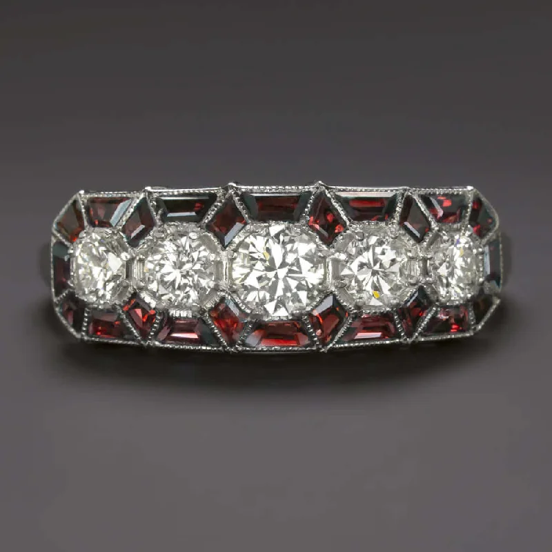 women’s silver stacking rings -1.5ct DIAMOND RUBY VINTAGE STYLE RING ART DECO GEOMETRIC COCKTAIL WHITE GOLD