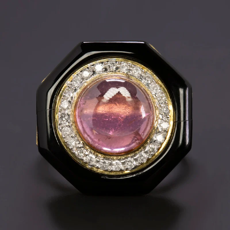 women’s gold engagement rings -VINTAGE PINK TOURMALINE DIAMOND BLACK ONYX COCKTAIL RING 14k YELLOW GOLD OCTAGON