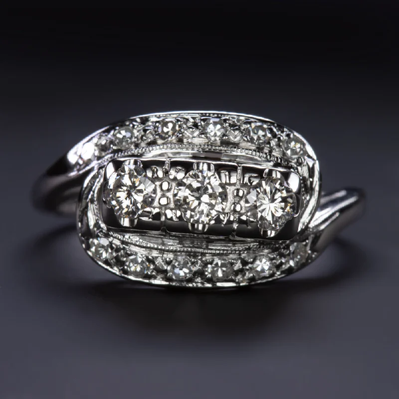 women’s handmade rings -0.55ct NATURAL DIAMOND VINTAGE COCKTAIL RING RETRO BYPASS 14k WHITE GOLD ESTATE