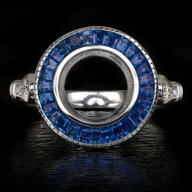 women’s trendy rings -VINTAGE STYLE SAPPHIRE ROUND DIAMOND BEZEL SETTING SEMI-MOUNT RING ART DECO HALO