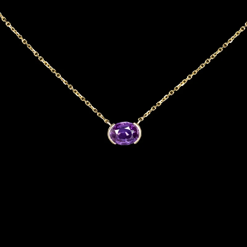 women’s silver rings with gemstones -PURPLE SAPPHIRE PENDANT NECKLACE OVAL SHAPE EAST WEST 14k YELLOW GOLD 1.12ct