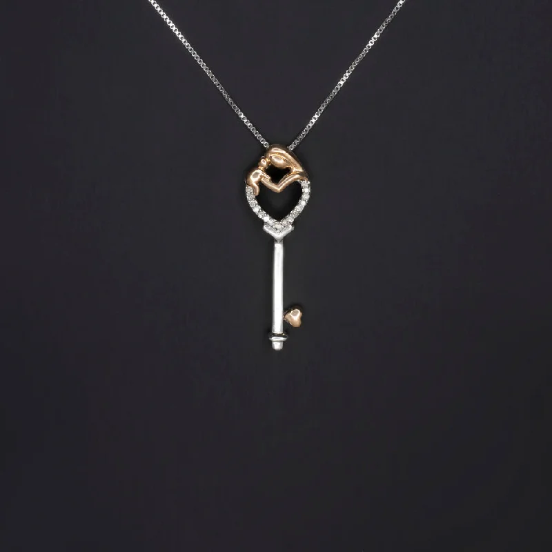 women’s gold promise rings -DIAMOND MOTHER AND BABY KEY NECKLACE 14k ROSE GOLD SILVER PENDANT PUSH PRESENT