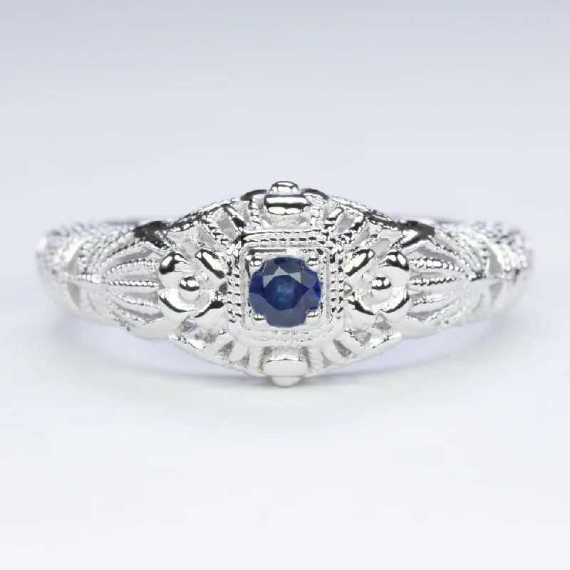 women’s adjustable stacking rings -BLUE SAPPHIRE VINTAGE STYLE COCKTAIL RING STERLING SILVER FILIGREE DAINTY ROUND