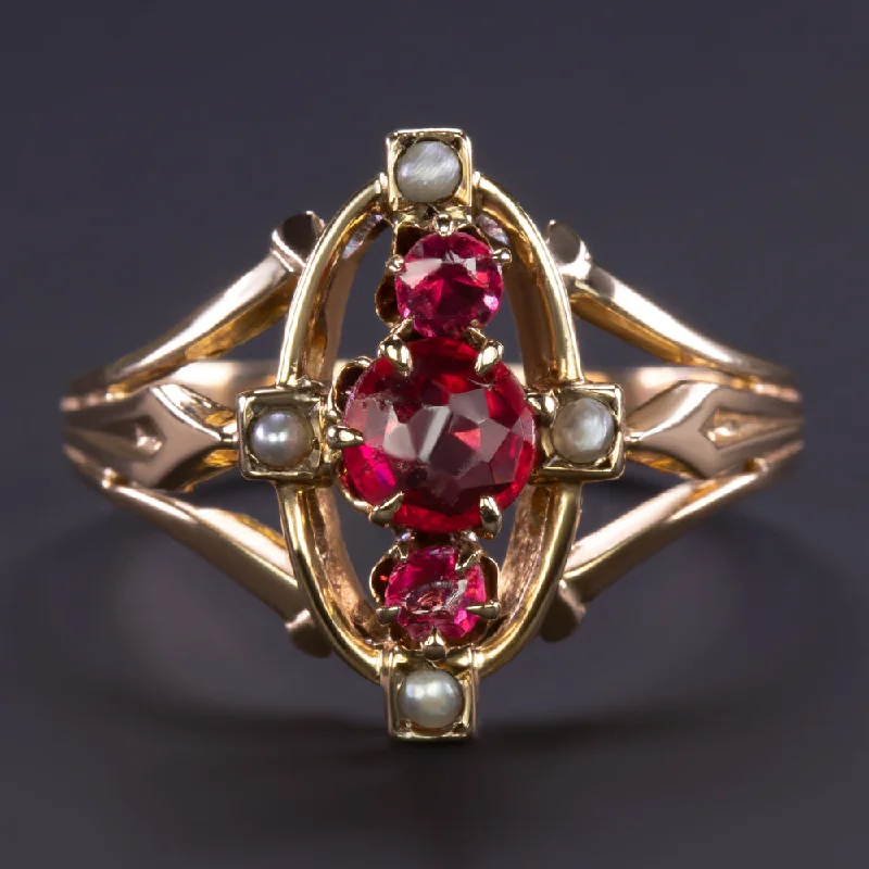 women’s silver stacking rings -VICTORIAN RUBY SEED PEARL RING 14k YELLOW GOLD COCKTAIL ANTIQUE NAVETTE ESTATE