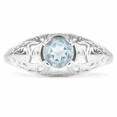 women’s antique rings -AQUAMARINE STERLING SILVER VINTAGE STYLE SOLITAIRE RING FLORAL PROMISE BLUE