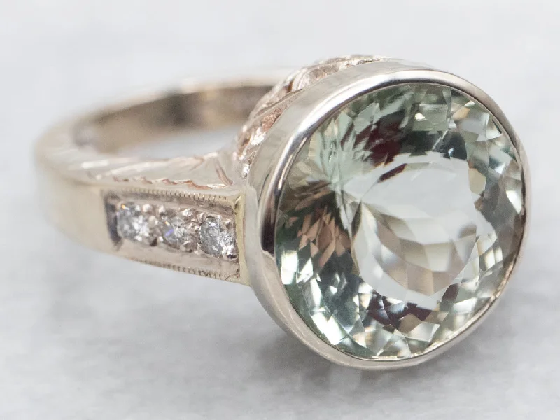 women’s gold and diamond engagement rings -Prasiolite Quartz and Diamond Ring with Floral Shoulders